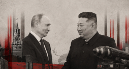 Ilustratīva kolāža par Krievijas un Ziemeļkorejas līderu Vladimira Putina un Kima Čenuna sadarbību. Ilustratīva kolāža par Krievijas un Ziemeļkorejas līderu Vladimira Putina un Kima Čenuna sadarbību.